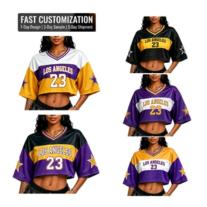 Camisetas Personalizadas con Nombre y Logotipo de los <span class=keywords><strong>Lakers</strong></span> para Fanáticas, Diseño de Manga Corta con Parches de Malla, Estilo Crop Top, Ropa Urbana Y2K, MOQ Bajo, ODM - Product Image 1