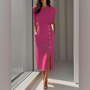 Robes pour femmes, couleur unie, col rond, taille cintrée, ourlet fendu, boutons métalliques, mode - Product Image 6