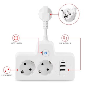 Prise murale EU, rallonge électrique avec 2 prises Schuko, charge rapide USB C PD 20W et USB QC3.0, design compact - Product Image 1