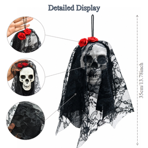 Décoration de maison hantée pour fête d'Halloween Pafu : Ornement de crâne gothique en dentelle avec voile et rose rouge, crâne suspendu effrayant pour intérieur et extérieur - Product Image 2