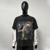 T-shirt Rétro 2-en-1 Personnalisé OEM pour Homme, Col Rond, Tissu Gaufré, Manches Tribales Imprimées DTG, Effet Délavé Vintage