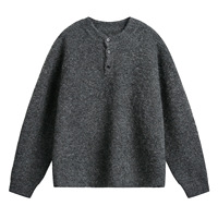 Pull à col Henley ample pour homme - Style décontracté rétro pour l'automne, confortable, épaisseur standard, respirant, en laine mérinos tricotée