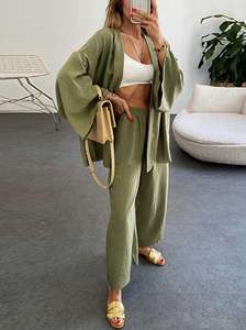 Completo pigiama da donna <span class=keywords><strong>taglie</strong></span> <span class=keywords><strong>forti</strong></span> pantaloni a gamba larga completo tinta unita ampio pigiama Casual da donna set pigiami da notte - Product Image 4