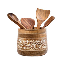 Tempat Penyimpanan Peralatan Masak Kayu Farmhouse 7'' Besar, Wadah Spatula, Organizer Peralatan Masak Bermotif Bunga
