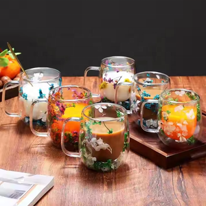 <span class=keywords><strong>Tasse</strong></span> à café en verre borosilicate transparent personnalisée avec paille, ensemble de tasses à double paroi en verre avec fleurs séchées - Product Image 3