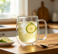 Mug en verre borosilicate à double paroi fait main, design moderne, durable, anti-fuite, corps de tasse arrondi, grande poignée