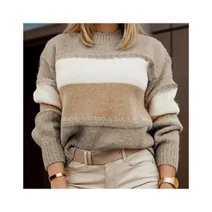 Hot Sale Fashion Design Color Block Long Sleeves Crew Neck Thick Women's Knitted Winter Sweaters