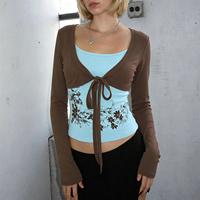 Conjunto de Dos Piezas para Mujer, Camisola con Estampado Retro y Blusa de Manga Larga con Lazo al Frente, Atuendo Casual a la Moda