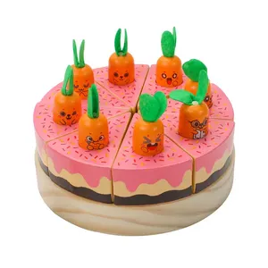 Mainan makanan kayu pemotong kelinci ulang tahun dan lobak kue multi-fungsi makanan penutup berpura-pura bermain mainan