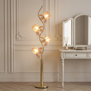 Lámpara de Pie Clásica con Forma de Loto de 4 Cabezas, Lámpara Artesanal de Resina, Brillo Ajustable para Vestíbulo de Hotel, Decoración de Sala de Estar de Villa - Product Image 1