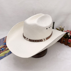 Maßgefertigter Hartschalen-5-Panel-Papierstrohhut im Western-Cowboy-Panama-Ritter-Stil mit breiter Krempe für Outdoor und Strand - Product Image 1