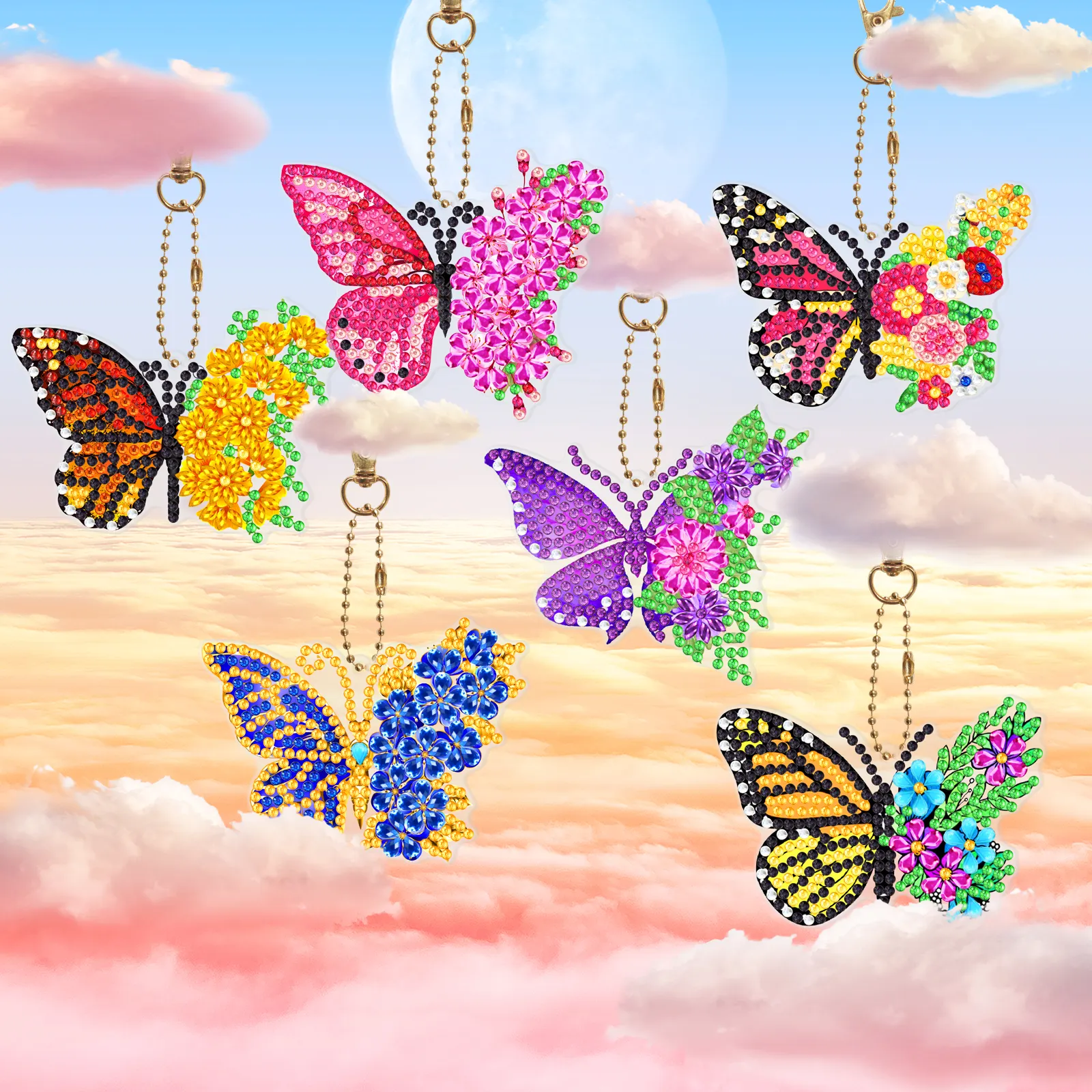 6pcs/set DIY Diamond Painting Keychains Butterfly Double Sided Crystal Rhinestones Diamond Art Keychains for Adults and Kids
