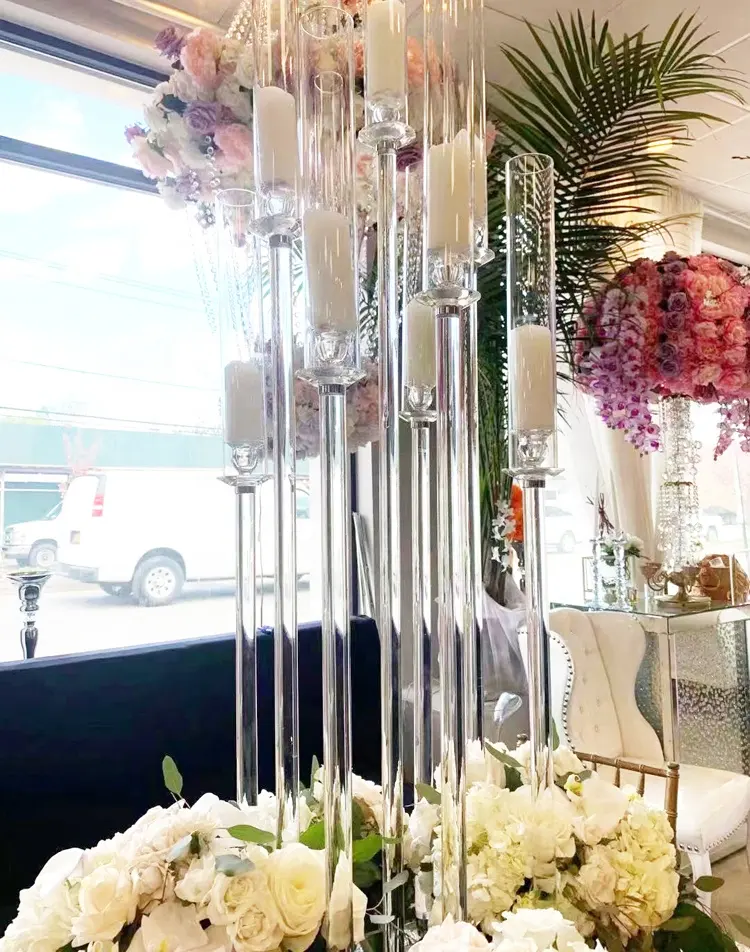 Popular Tall Stem Glass Candleholder 10 Arms Crystal Candelabra Wedding Table Centerpiece