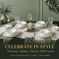 Service de table en porcelaine fine 18 pièces avec logo personnalisé OEM, bord doré, 6 styles élégants pour cadeau de Noël et de fêtes