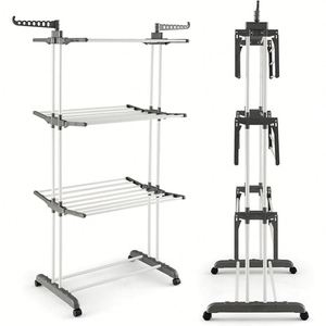 4-Tier <b>Folding</b> Clothes Laundry Drying Rack Hanger Portable Foldable Steel Clothes Airer Dryer Collapsible <b>Shelves</b> with Wheels - Product Image 3