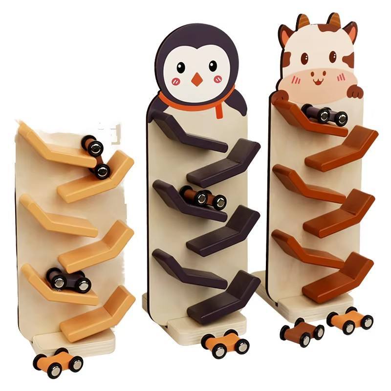 BINGLI Jouet Rampe en Bois pour Voiture pour Garçon Fille de 1-2 Ans - Ensemble de Course Rampe de Voiture à 4 Niveaux avec 4 Mini Voitures & Garage
