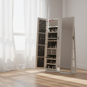 Miroir sur pied moderne en bois massif avec armoire de présentation de bijoux, design rotatif à 360 degrés verrouillable pour salon et chambre à coucher - Product Image 5
