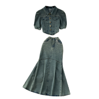 Ensemble haut court en jean à manches bouffantes orné de strass et jupe mi-longue queue de poisson pour femme, collection Printemps 2024