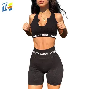 2021 Custom LOGO Nylon 2 Stück gerippte nahtlose Biker Shorts Set Hohe Taille Crop Top Yoga Frauen BH und Shorts Set