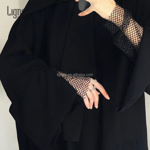 عباءة شاروت 2025 لرمضان سوداء مفتوحة مع حجاب، عباءة دبي فاخرة إسلامية مزينة بالخرز للنساء - Product Image 4