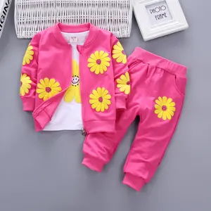 Rarewe 2023秋季婴儿棉运动服套装纯色花朵夹克长裤长裤3 pcs儿童服装套装