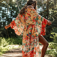 Kaftan de plage en mousseline de soie à nouer, imprimé floral, manches longues, col en V, séchage rapide, taille unique, sexy, pour femme