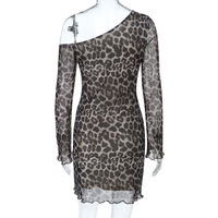 Robe moulante à imprimé léopard personnalisée pour femmes, robe sexy à épaule inclinée, sac de taille, hanche, manches longues, mini-robe