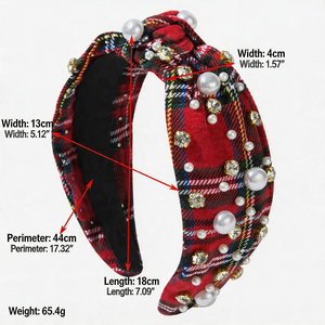 Custom Fashion Plaid Knot <strong>Headband</strong> for Women Girls Pearl Rhinestone Wide Hairband Christmas Holiday Party Accessories Headwear - Product Image 4