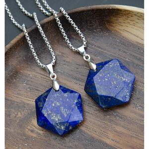 Collar con Colgante Hexagonal de Lapislázuli, Piedra Preciosa Natural, Cristal Curativo, Joyería Unisex para Uso Diario, Engaste en Bisel - Product Image 3