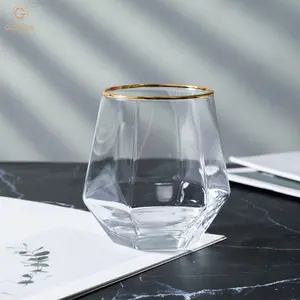 Vaso de cristal Hexagonal para Hotel, copa de diamante, borde dorado, vaso de agua, barra de whisky, Copas de cristal para bebidas
