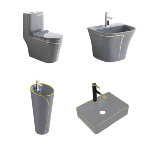 Ensemble WC monobloc Tarpul, sanitaires en céramique pour salle de bain, comprenant WC, <span class=keywords><strong>lavabo</strong></span> sur pied et <span class=keywords><strong>lavabo</strong></span> à main - Product Image 1