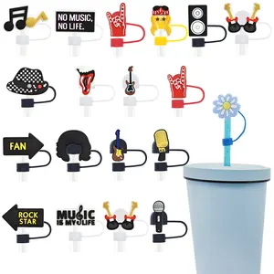 टम्बलर पेय के लिए थोक थोक संगीत श्रृंखला पीवीसी स्ट्रॉ टॉपर फैंसी रंगीन कप कवर सहायक उपकरण