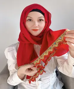 Plain Viscose Soft Cotton With Golden Lace Hijabs Long Shawls Muslim Islamic Scarf Plain Maxi Voile Foulard Shawls Supplier