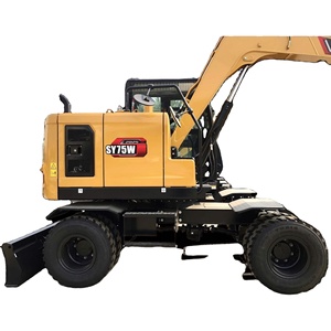 Excavatrice sur pneus Sany SY75W d'occasion, équipement de construction, avec accessoires : pince, tarière, brise-roche, certifiée CE - Product Image 1