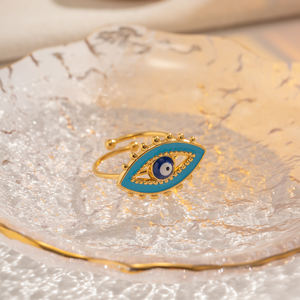 Bijoux de luxe plaqué or 18K bague mauvais yeux en acier inoxydable émail bleu anneau oeil réglable pour les femmes - Product Image 3