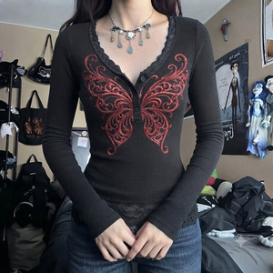 Camiseta con Estampado Y2K, Efecto de Dos Piezas, con Parches de Encaje y Bloques de Color, Manga Larga, Estilo Vintage, Casual, para Mujer - Product Image 5
