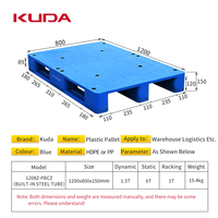 Palette en plastique KUDA 1208Z-PBCZ, tube en acier intégré, plateau épaissi, palette de stockage industrielle pour entrepôt 1200x800x150mm