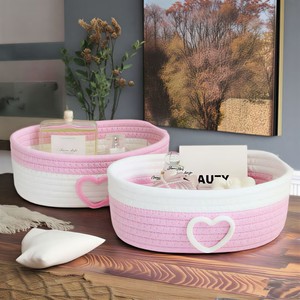 Cotton <b>Rope</b> Woven <b>Storage</b> <b>Basket</b> Round Pink And Off White Heart Shape Desktop Cosmetic Snack Organizer No Lid - Product Image 4