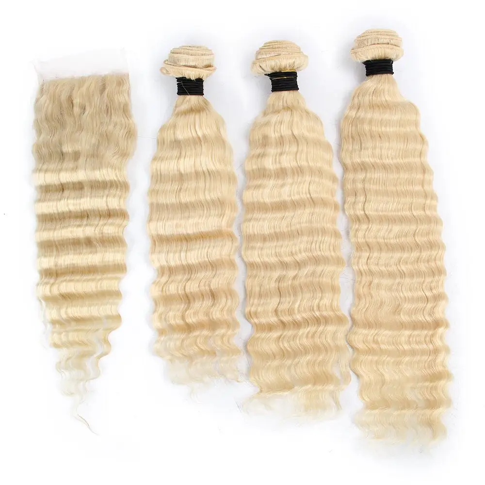 Großhandel Russisch Kostenlose Probe Rohes Echthaar Schuss verlängerungen Curly Lace Closure 613 Blonde Bundles Mit Frontal Hair Weave