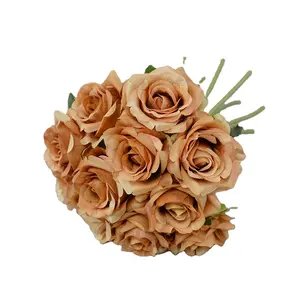 人造玫瑰花束11头丝花玫瑰带茎母亲节家庭新娘婚礼派对节日装饰