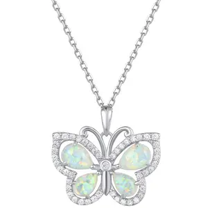 Tinh Khiết 925 Sterling Silver Jewelry Inital Vòng Cổ Phòng Thí Nghiệm Tạo Opal Bướm Mặt Dây Chuyền Bướm Vòng Cổ Choker Cho Phụ Nữ