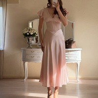 Gaun Midi Satin Pink Champagne Wanita, Gaun Pesta Vintage Model Pensil V-Neck Berlian Gaya Prancis Elegan untuk Musim Panas