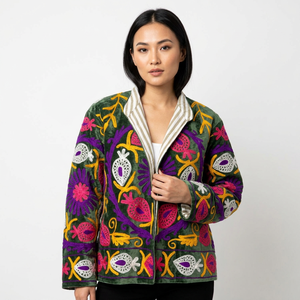 Chaqueta de Terciopelo Suzani de Lujo para Mujer, Bordado Tradicional Hecho a Mano, Bordado Floral Étnico Bohemio, ART&ART, Ecológico, de Secado Rápido - Product Image 1