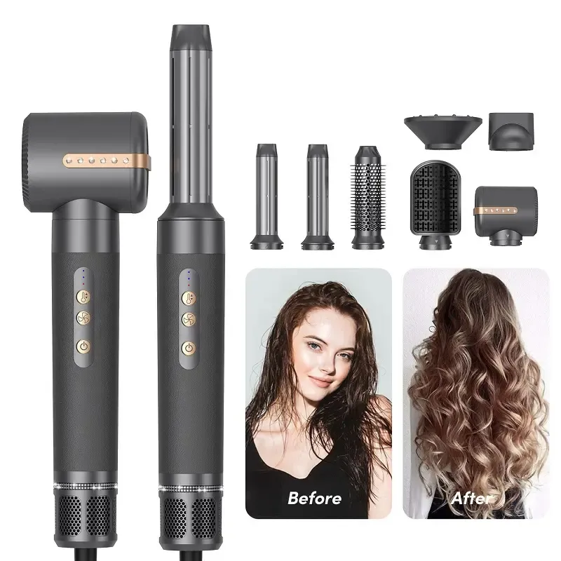 Venta al por mayor de viaje portátil 7 en 1 belleza profesional y peinado del cabello 1400W iones negativos alisador de pelo y secador de pelo Set