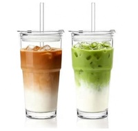 Gobelet en verre de 20 oz en gros d'usine, logo personnalisé OEM ODM, avec couvercle et paille, tasse à café anti-fuite style Ins pour bar, restaurant, maison