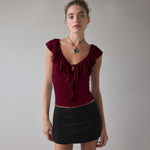Spring and Summer Collection Breathable Knitted V-neck <strong>Backless</strong> <strong>Blouse</strong> with Ruffles Sleeveless Top Design - Product Image 1