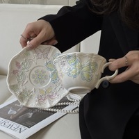 Ensemble tasse et soucoupe en céramique vintage à motif papillon - Vaisselle florale de luxe pour mariage et hôtel