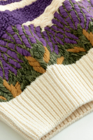Pull en maille à col rond brodé motif champ de lavande vintage pour homme, décontracté, doux et chaud, en fil filé à la main, motif floral violet