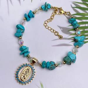 Perles de cristal turquoise faites à la main coeur zircone pavé religieux vierge marie <span class=keywords><strong>Chrm</strong></span> Bracelets bijoux spirituels - Product Image 2