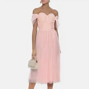 C3511 Fashionable Stylish Pink Women Bodycon Midi Dress Off-shoulder Ladies Evening Party Dress